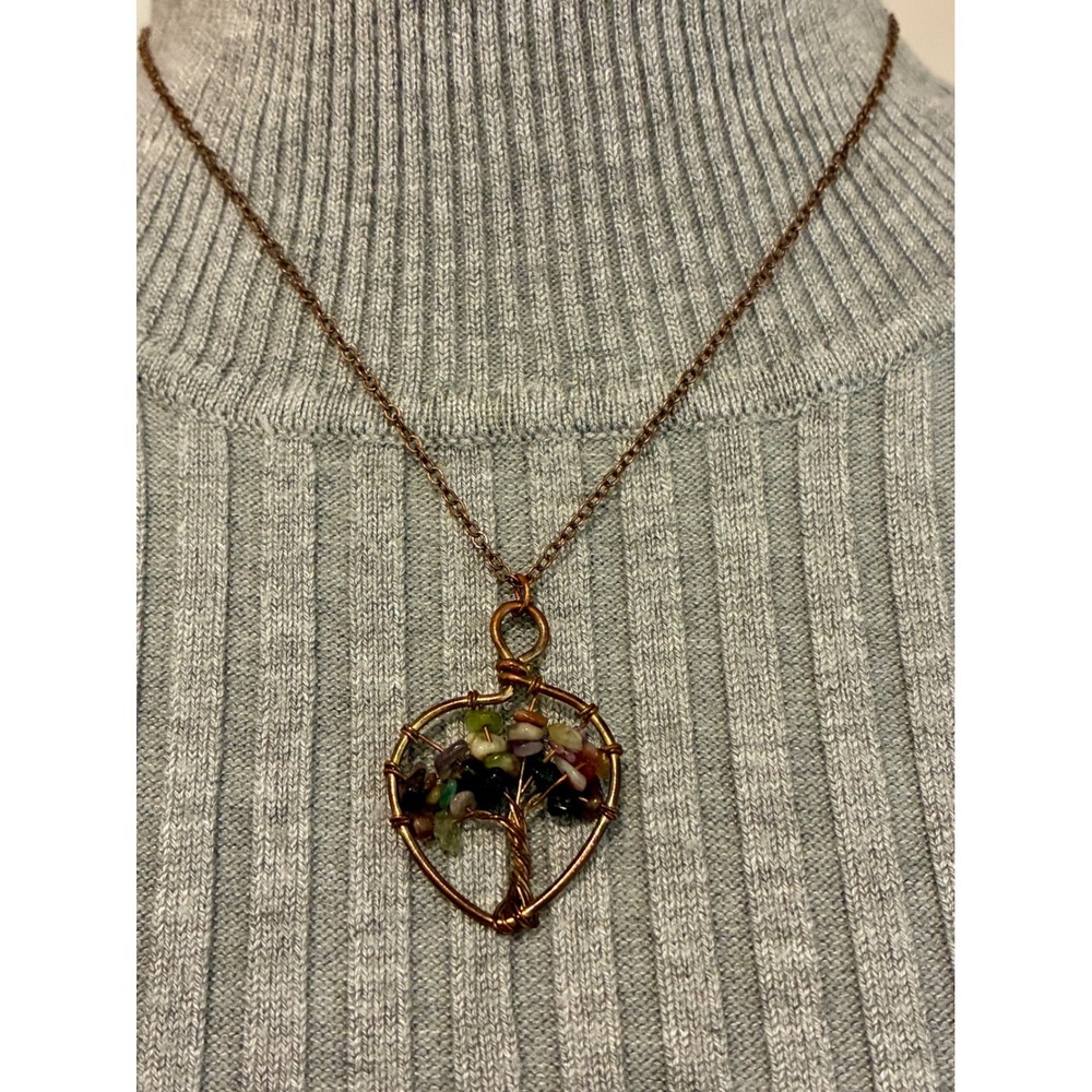 Tree of Life Necklace Copper Tons Wire Wrapped Heart Pendant Multi Stone Boho - Picture 2 of 6